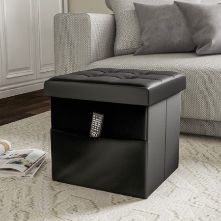 HASTINGS HOME Foldable Storage Cube Ottoman with Pocket, Tufted Faux Leather Footrest Organizer for Bedroom, Black 518848OCS